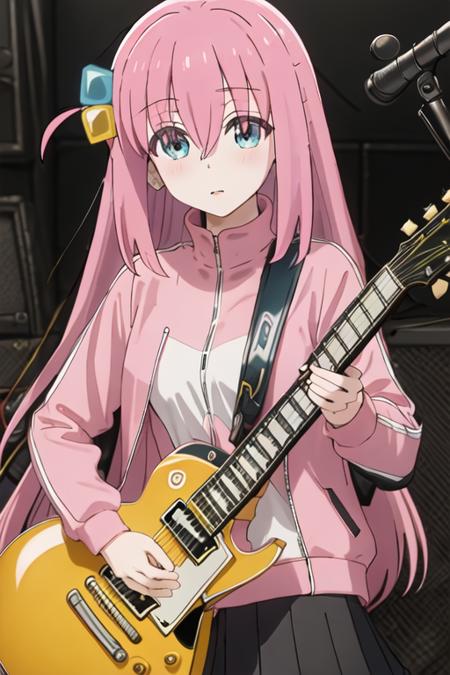 best quality, masterpiece, highres, solo, {goto_hitori_bocchitherock:1.15}, pink_hair, bangs, long_hair, hair_between_eyes, cube_hair_ornament, one_side_up, hair_ornament, blue_eyes, 1girl, electric_guitar, guitar, holding, holding_instrument, instrument, jacket, pink_jacket, track_jacket, closed_mouth, gibson_les_paul, upper_body, long_sleeves, music, playing_instrument