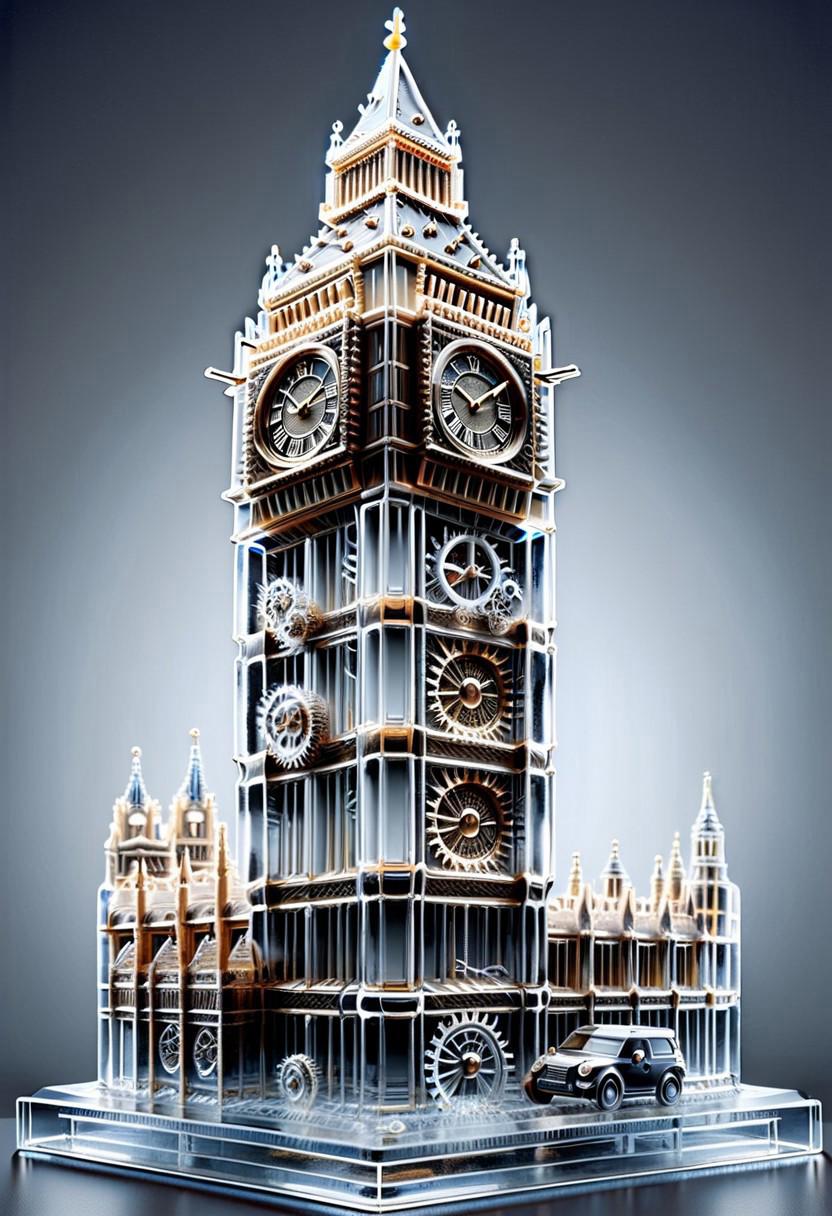 A photorealistic picture of Big Ben  made entirely of of clear plexiglass with plexiglass gears of all sizes constituting the ground level to clock level mechanical components of the clock. The clock has a futuristic look with no  metal parts, only clear plexiglass. The clock face stands out and shows the time as 4:30