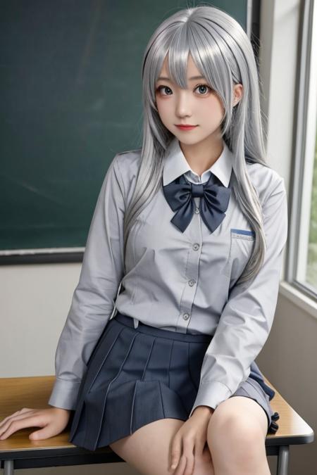 masterpiece, best quality,1girl,school uniform, silver hair, sitting on desk,classroom, blackboard,cosplay,