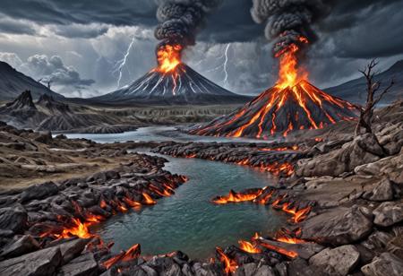 Generating an image model of exceptional quality, showing the diversity and beauty of Earth's landscapes, as well as the power and majesty of natural disasters. The image should combine the four elements: earth, fire, water and air, in a balanced and aesthetic way.
Items:
Land: Mountains, forests, plains, deserts, caves, volcanoes.
Fire: Forest fires, volcanic eruptions, lightning, meteorites.
Water: Oceans, lakes, rivers, waterfalls, storms, tsunamis.
Air: Clouds, lightning, tornadoes, hurricanes, northern lights.
Composition:
Balance: The four elements should be presented in a balanced way, with none dominating the others.
Contrast: There should be contrast between different elements to emphasize the beauty and drama of the image.
Focal Point: The image should have a clear focal point that draws the viewer's attention.
Depth: An image should have a sense of depth to create a sense of space and scale.
Techniques:
Photorealism: The image should be photorealistic to capture the true beauty and power of nature.
Detail: The image should be detailed enough to see the different elements of the landscape and the cataclysms.
Lighting: Lighting should be used skillfully to emphasize the beauty and drama of the image.
Colors: Colors should be vibrant and realistic to capture the emotional power of nature.
Sample models: