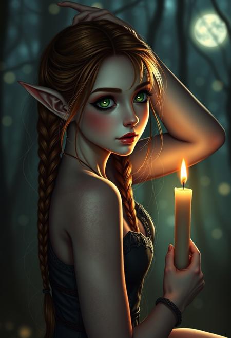 score_9, score_8_up, score_7_up, dark elfic queen, 20 years old, pointy ears, candle lightning, clear light, moon in the sky, face ultra, highly detailed, (( glowing elfic forest)), bokeh ,1girl, cute, innocent and submissive, clear red hairs, 3 heavy braids, on her knees, beautiful clear green eyes, black make-up, freckles, (blushing:0.9), detailed skin, ( beauty marks ), upturned nose, perfect face, perfect mouth, parted lips , skinny body, heavy firm breasts, perfect breasts, apple shaped breasts, deep cleavage, (narrow waist:1.2), ankle bracelet, one arm up, slutty, ( off-shoulder ) tight dress, bare shoulders, view from side, focus on ass, ((( tiny feet, perfect feet, skinny feet, skinny ankles, delicate feet )))