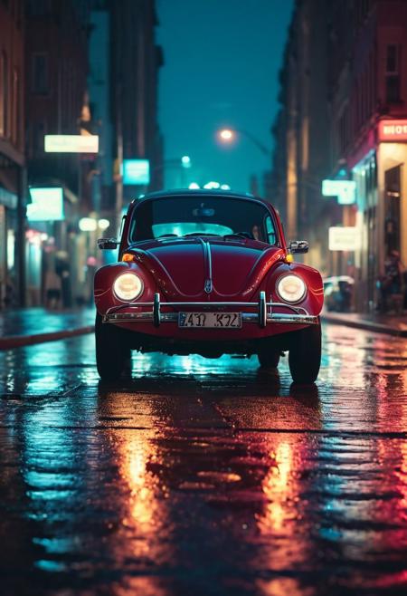 cinematic still, a volkswagen beetle driving on a city street at night, neon light reflecting on the wet streets, headlights illuminating the scene and casting a warm glow on the wet pavement <lora:MoreArtFull_v1:1>, emotional, harmonious, vignette, highly detailed, high budget, bokeh effect, cinemascope, moody, epic, gorgeous, film grain, grainy