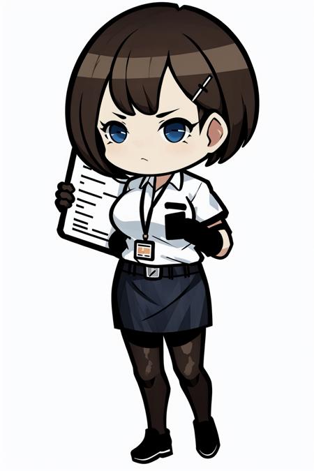 <lora:clear_LibraryofRuina-fight:1>, 1girl, solo, pantyhose, gloves, blue eyes, armband, white gloves, skirt, id card, black hair, hair ornament, white background, full body, shirt, short hair, white shirt, looking at viewer, pencil skirt, simple background, black footwear, hairclip, short sleeves, walkie-talkie, black skirt, lanyard, standing, uniform, black pantyhose, breasts, bangs, holding, clipboard, closed mouth, pocket, collared shirt, belt, shoes, breast pocket, holding clipboard