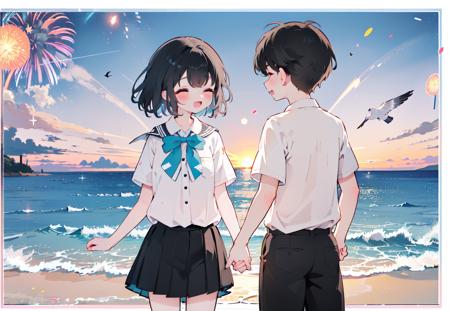 1girl,1boy,bird,fireworks,shirt,closed eyes,long hair,skirt,seagull,ocean,white shirt,cloud,smile,outdoors,open mouth,sky,black hair,shorts,collared shirt,holding hands,pleated skirt,short sleeves,water,black skirt,waves,bangs,short hair,blush,beach,cloudy sky,long sleeves,horizon,sunset,school uniform,sparkler,black shorts,