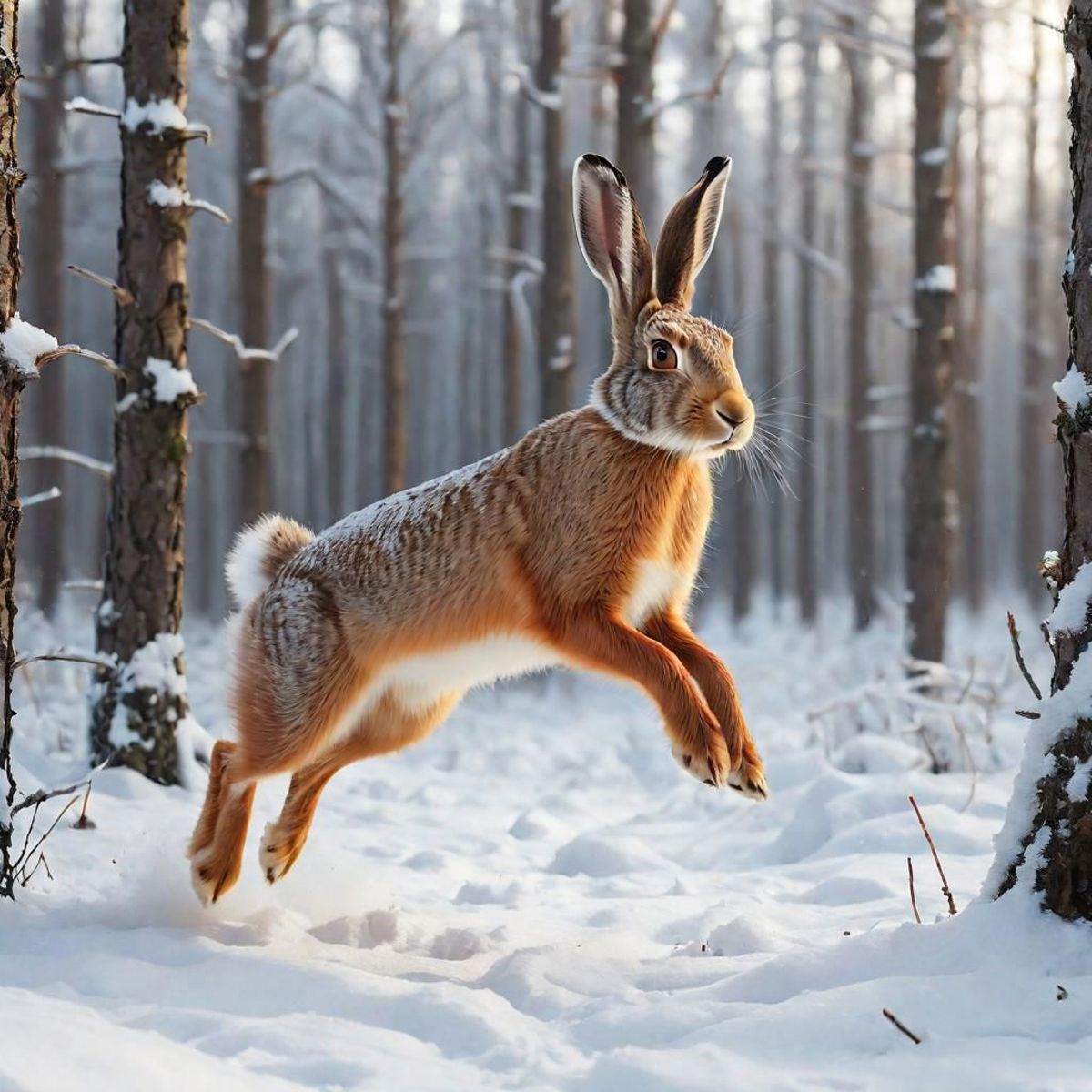 A snow-covered forest with a brown rabbit jumping in the air.