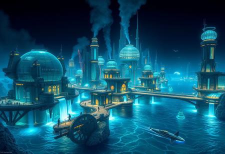 hydropunk cityscape, vast oceanic environment, floating cities powered by water energy, large water turbines, waterwheels turning on massive structures, advanced water purification systems, flowing water integrated into architecture, high-tech aqueducts, translucent glass structures reflecting water, glowing bioluminescent algae lighting the streets, dark blue and turquoise hues, mist and spray from water features, waterfalls cascading from buildings, underwater sections of the city visible through glass domes, marine creatures swimming nearby, futuristic boats and submarines, clean and sleek aquatic designs, mechanical bridges lifting over water channels, high resolution, ((masterpiece)), hydro-powered transport systems, smooth metallic surfaces reflecting water, floating islands connected by intricate pathways, glistening waves below the city