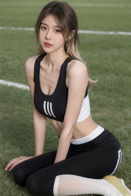 highres, 8k, absurdres, realistic, (CN_Girl:1.3), 1girl, (brown and blonde hair:1.5), (looking at viewer), 
(long hair:1.3),
<lora:CN_Girl5-000012:0.3>   , spotlight,
white socks, sneakers, grass field, cheerleader, crowd, stadium, audiences, football game, black [yoga|sport] pants, 
 <lora:sports vest:0.65> sports vest,black pants,