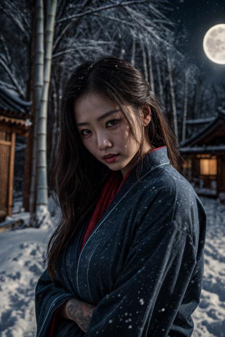 (RAW photo, 8k uhd, Analog style, Masterpiece, Best Quality, Highres:1.4), (dramatic, cinematic:1.2), BREAK,
movie shot of (plump:1.2) (curvy (asian, japanese:1.2) woman:1.1), (torn:1.05) red (silk scarf:1.01), traditional (blue:1.1) (long kimono:1.2), (very long straight black hair:1.1), (big eyes:1.15), yakuza (tattoo:1.1), (blood, wounds:1.2), wounded, (crying:1.2), (sad:1.1), (tears:1.2), (snow covering body and hair:1.35), (snow:1.3), front view, unhappy, (going:1.25) through scary (winter:1.1) (bamboo:1.2) (forest:1.1), (snowfall, snowstorm:1.25), BREAK,
(mountains:1.15), detailed far (chinese:1.2) (village:1.35) houses, (gloomy dark night:1.1), bright (moon:1.2), moonlight, (wind:1.1), (blood trail:1.1), (light particles:1.15), (steam:1.2), (starry sky:1.05), medieval, wild pathway, snowflakes, white legs, (dark theme:1.1), (photorealistic:1.3), (blue lighting:1.1), (creepy, bloody, horror:1.3), (mysterious, fabulous, mystic:1.3), (glow, glitter:1.1), BREAK,
<lora:more_details:0.8>,
<lora:LowRA:0.45>,
<lora:zoom_slider_v1:2.89>,