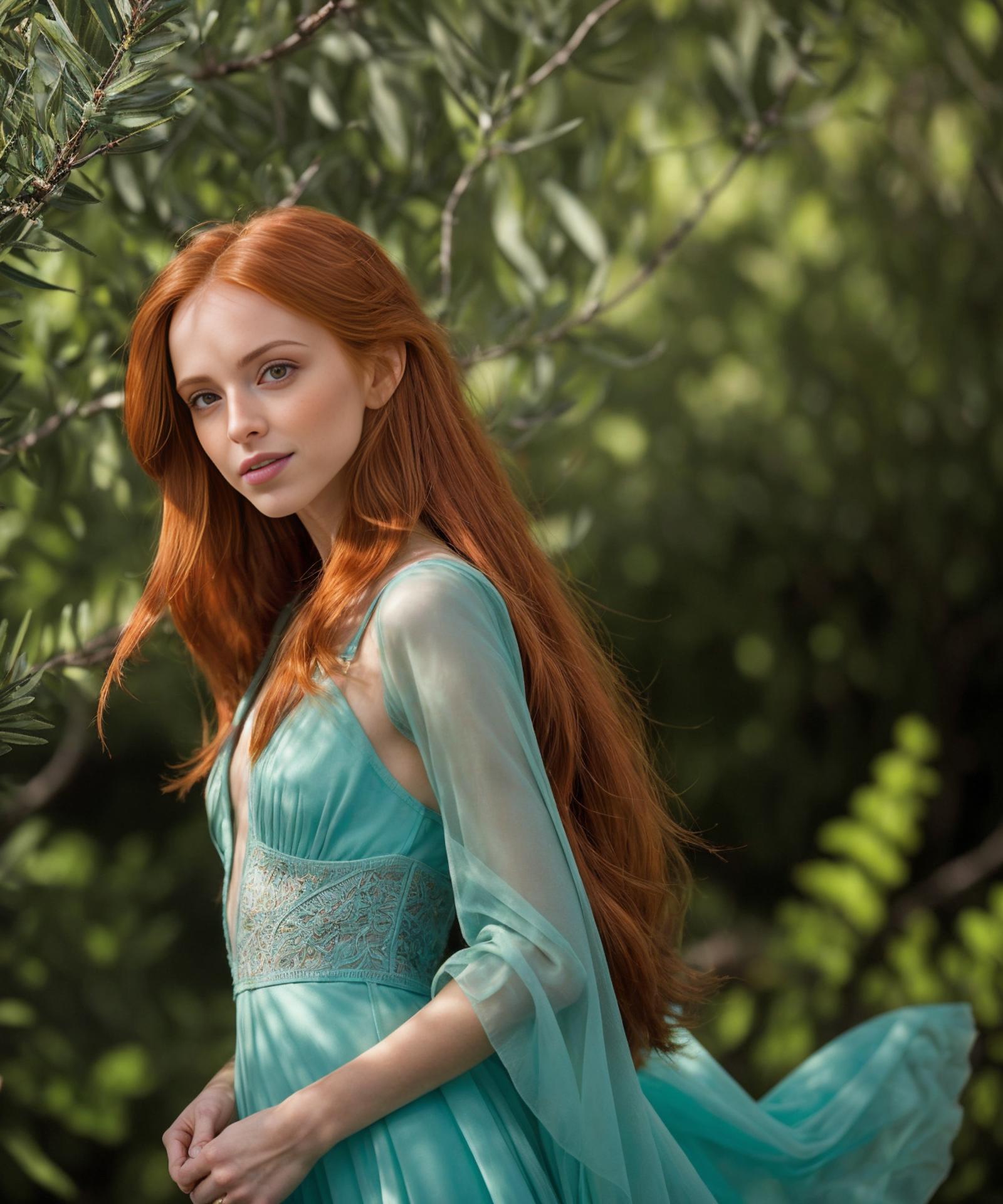 A young woman with red hair and a flowing blue dress, posing in the woods.