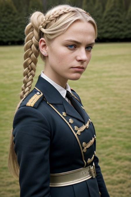 ground level outdoor photo of angry 25YO blonde French female with twinbraids wearing [XVI century] military uniform, bottom-view