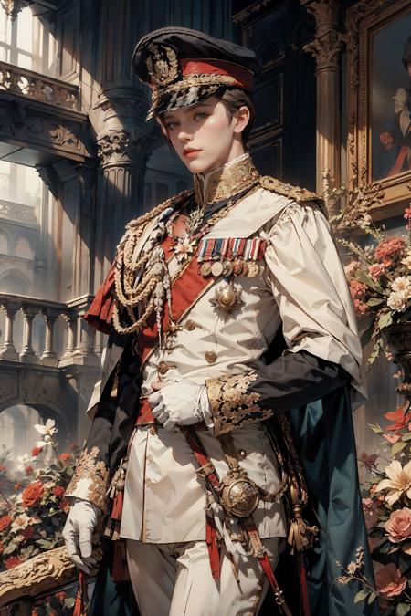 HDR,UHD,8K, best quality, masterpiece, Highly detailed, Studio lighting, physically-based rendering, 1boy, solo,
1 boy, British Noble, white costume, cap, red , uniform, flowers background, <lora:add_detail:0.3> <lora:BristishNoble:0.6>