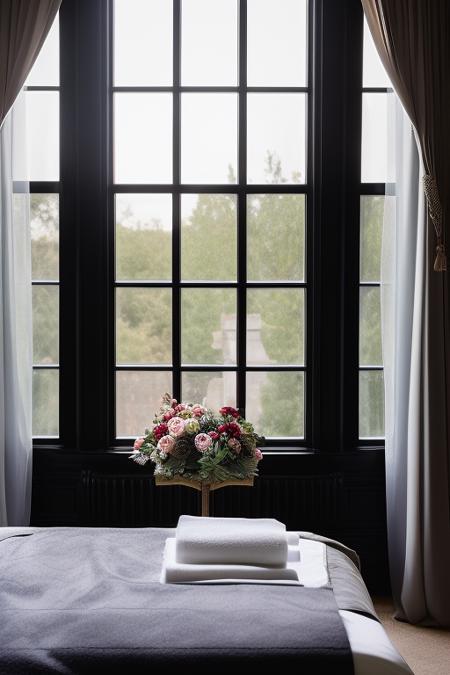 dvArchInteriorGothic style, black bedroom,  sheets, flowers, cloth, stitching,  window to outside, subtle details, 24mm, f1.8, shadows, sunset lighting, wide angle, award winning architecture photography, diffused light, soft light