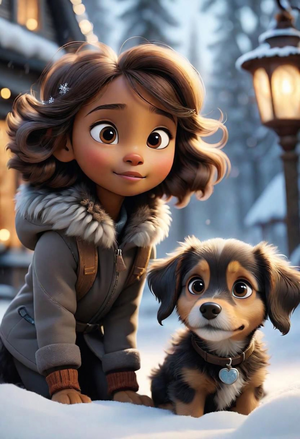 Create a heartwarming narrative that revolves around the most adorable fluffy cartoon {black|grey|brown} dog girl, as he e...