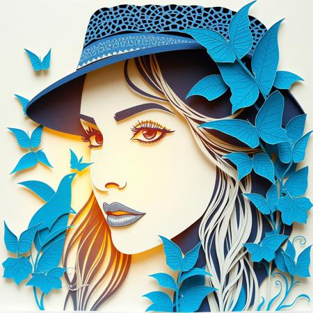 higly detailed woman face made of paper cut art, with blue sirens in background and amazing sunlight, she has a hat and she is looking at viewer, paper-cut art, extremely detailed