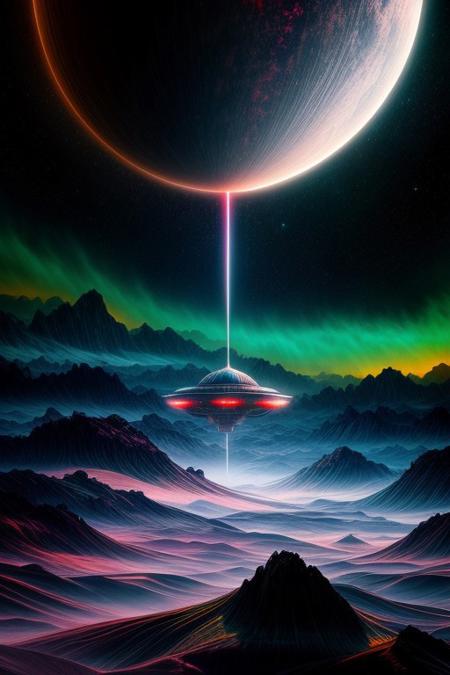 A futuristic alien spaceship soaring through a surreal landscape, in the style of a vibrant sci-fi painting, vivid colors, intricate details, dynamic clouds, ethereal lighting