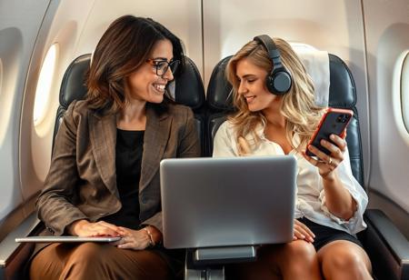 Two lovely women seated next to each other on a large passenger airplane. One is 35yo, beautiful brunette with medium hair, a business suit, glasses, opened laptop on the tray table in front of her, turned to speak with the woman next to her, a gorgeous 20yo blonde wearing headphones and watching pornography on her iPhone, slumped in her seat, blouse open, hand other thigh, aroused, excited