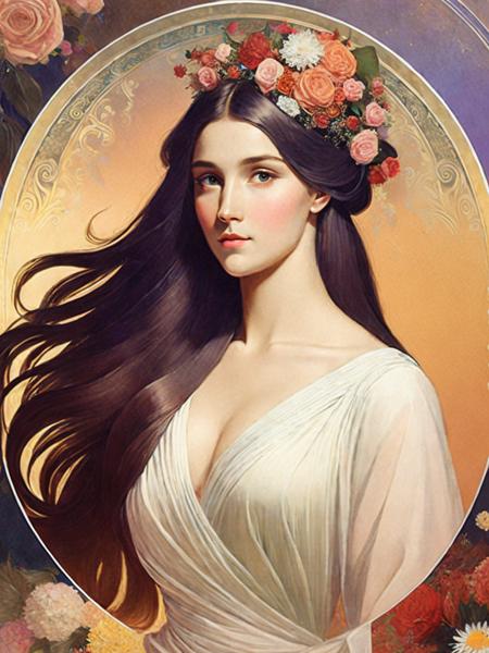 <lora:AlphonseMucha:1>a painting of a woman with long hair and flowers in her hair, in front of a circular background by Alphonse Mucha