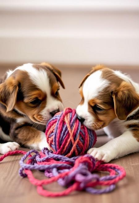 puppies playing with a ball of yarn