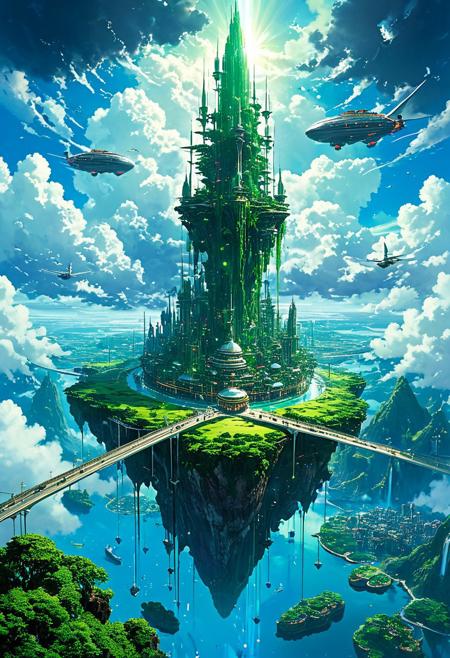 Image is a digital artwork, Floating Islands in the Sky "Envision an awe-inspiring floating city suspended amidst the clouds, where lush green landscapes rest atop gigantic floating islands connected by sleek, futuristic bridges. Below the floating behemoths, vast stretches of crystalline rivers cut through the verdant earth. Towering spires rise from each island, shrouded in mist, their bases held up by massive chains that stretch into the heavens. The city glows with an ethereal beauty, as natural and mechanical elements intertwine to create a paradise that hovers gently above the world. The sky is vibrant with swirling clouds, as airships and flying vehicles dart between the islands.",cyberpunk. (Studio Ghibli)