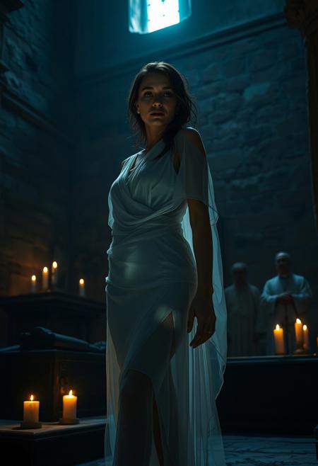 An ethereal ghostly woman of striking beauty stands in an ancient Roman church at night, her translucent form faintly illuminated by soft ghostly light. She is draped in delicate, flowing Roman-style robes that reveal the curves of her graceful body. Her face is both beautiful and sensual, with a touch of melancholy. Her body is also translucent, revealing that she isn't entirely present in this world. The church is dimly lit by a few flickering candles, casting shadows across the ancient stone walls. Next to her is the crypt of a knight, her lost love. In the distance, a priest watches in awe, barely illuminated by the ghost’s luminescence. The scene captures the eerie beauty of love and loss in a haunting, serene atmosphere. Roman Clothing, etherial, translucent, church crypt, light reflecting from priest's glasses and the cross around his neck,