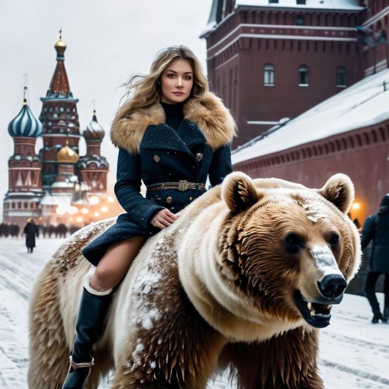 A woman riding a white and brown bear in a city.