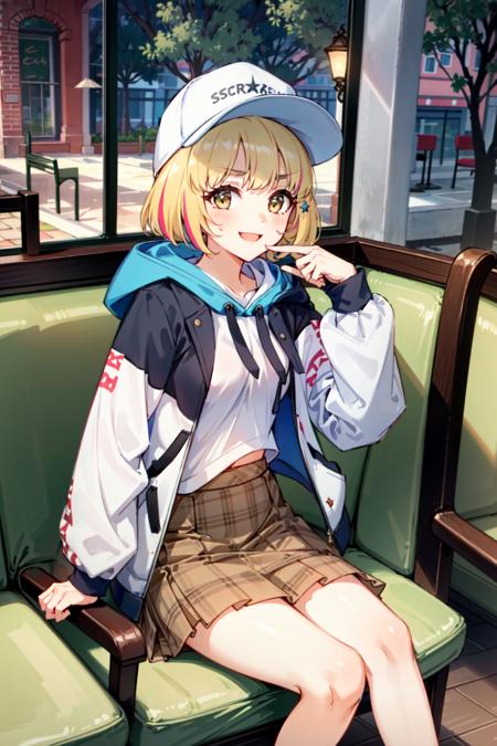 (masterpiece, best quality:1.5),perfect anatomy,ultra-detailed,best quality detailed,perfect lighting,super fine illustration,beautiful girls,<lyco:Chieru-v7-000015:1>,chierureal,blonde hair,multicolored hair,jacket,skirt,brown skirt,plaid,hood,white headwear,baseball cap,(cafe:1.3),sitting,looking at viewer,smile,on chair,cowboy shot,(indoors:1.3),1girl,solo,