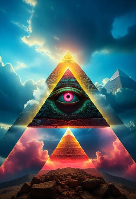 mountain, surreal, ligth and moody , bright colored all seeing eye pyramid, film grain, high quality, dramatic ,poster, horror story style,  (clouds at the base of the pyramid)