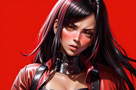 (redpunk :1.5), red simple background, 1girl, black hair, long hair, (yellow eyes), portrait, rough texture, (soft lighiting),  <lora:colorize:0.5> <lora:more_details:0.6>, (masterpiece, top quality, best quality, official art), realistic, (full face : 1.1), (black skin : 1.65), (black hair : 1.5), wearing leather jacket, (serious), (big shoulders), detailed (bacground : 1.3),