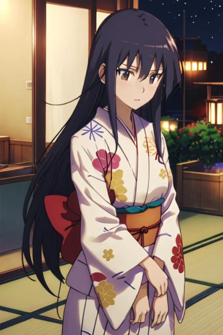 best quality, masterpiece, highres, solo, {amakusa_shino_seitokaiyakuindomo:1.15}, long_hair, black_hair, brown_eyes, bow, 1girl, japanese_clothes, kimono, yukata, night