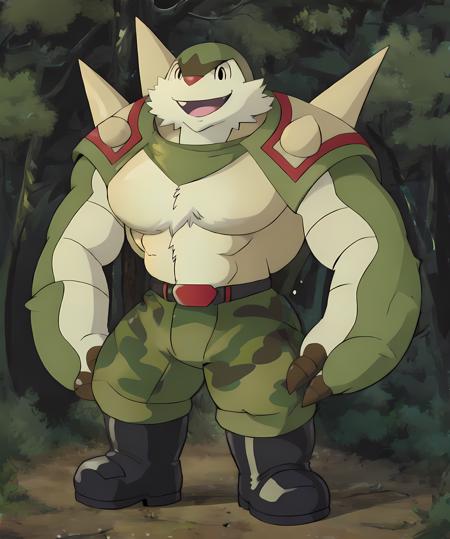 chesnaught, standing, (forest):0.75, (black bandana, camo pants, olive shirt, olive boots):1.1, (muscular):1.1, smiling <lora:ghibli_style_offset:1>  <lora:Chesnaught-15:0.85>