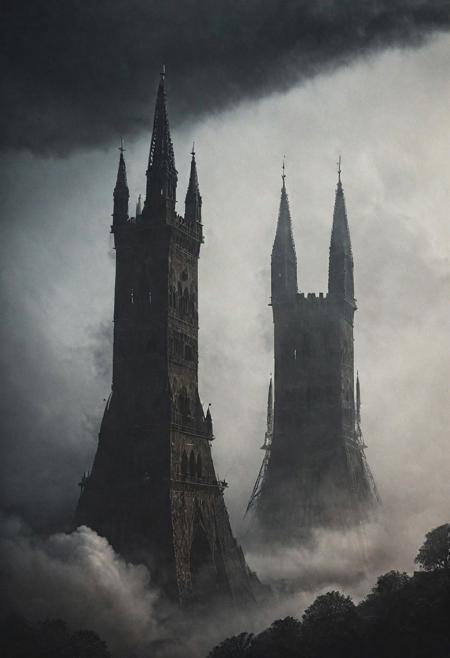 seen from outer space, Describe in detail two dark towering vertical modern-medieval towers standing side by side, reaching into the high clouds, connected by a bridge of some sort. Incorporate modern elements and windows into their design.
 atmospheric haze, Film grain, cinematic film still, highly detailed, high budget, cinemascope, moody, epic, OverallDetail, gorgeous, RAW photo, photorealistic, candid camera, color graded cinematic, atmospheric lighting, skin pores, imperfections, natural, shallow dof,