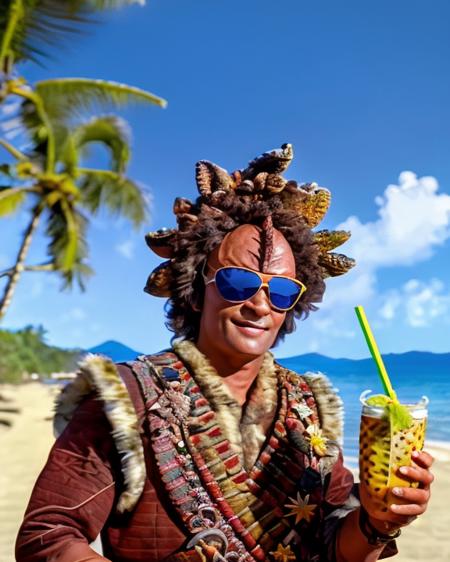 kazon, a male kazon, culluh, reddish brown ochre skin, bumpy ridged forehead, brown wooly hair with leaves, wearing knit fabric jacket with fur trim, wearing sash and belt with decorations, (wearing sunglasses:1.3), medium shot, (holding a tropical drink:1.3), on the beach, sunny day, ocean, palm trees, anthony de longis, outdoor lighting, photograph, highly detailed, 8k, <lora:kazon_lora:0.8>