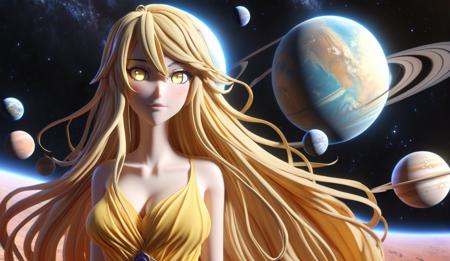 3d, 3d render,3d anime, japanese anime, highly detailed, vibrant, production cinematic, absurdres, highres, 1girl absurdly_long_hair  blonde_hair closed_mouth dress earth_(planet) floating_hair full_body jupiter_(planet) long_hair looking_at_viewer mars_(planet) mercury_(planet) neptune_(planet) personification planet saturn_(planet) sleeveless sleeveless_dress smile solar_system solo sun uranus_(planet) venus_(planet) very_long_hair yellow_dress