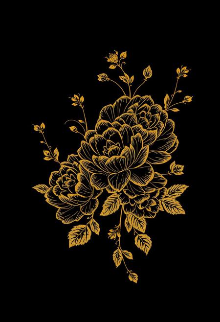 Cool design for printing on a T-shirt. On a black background. Gold and black floral pattern, gold lines, in the style of Chinese art, peonies, solid background, simple design, flat illustration, high resolution, high level of detail, high-quality, low noise, printmaking style, black background, pure black background, high definition.