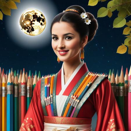 Pencil_morph_style, score_10 , score_9, score_8_up, score_8, Masterpiece, High Details, HD, 8K, Photorealistic, perfect, High Quality, a woman, asian, black hair, brown eyes, chinese clothes made of pencils, pencil texture, clothes made of pencils, medium body shot, smiling, dress made of pencils, earrings, pencil patterns, highly detailed, photorealistic, fence, print, flower, hair bun, hair ornament, hair stick, hand up, jewelry, leaf, light skin, light smile, lipstick, long hair, long sleeves, looking at viewer, makeup, moon, night, outdoors, parted bangs, plant, railing, red lips, single hair bun, sky, sleeves past wrists, slim, solo, standing, updo, upper body, red and white hanfu, white flower, wide sleeves,