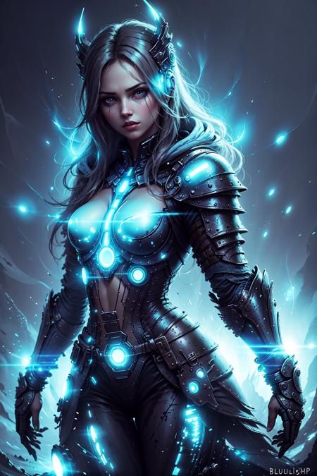 A woman, blue light, in the style of BlueAP