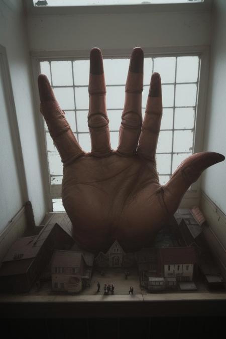 dark moody unsettling and surreal Kodachrome photograph, original character, hasselblad, indoors, giant horrifying demonic hand reaching through doll house window, megalophobia, small world,