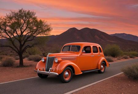 motor vehicle, car, no humans, tree, road, outdoors, scenery, sky, orange sky, sunset, mountain, vehicle focus, evening, nature, mountainous horizon, forest, cloud, location, dusk, twilight, red sky, hill, rock, gradient sky, desert, grass, orange background, bush, solo, (1936 Willys 77 4-Door Sedan)
