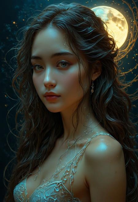 This high-quality, 8K Ultra HD portrait captures a captivating woman in a moonlit setting, with her delicate features illuminated by a soft, diffused glow that emphasizes the intricacies of her expression. The artist, inspired by Sargent's precision, meticulously details every subtle contour of her face, her gaze, and the cascading strands of her hair. The mysterious ambiance of the scene showcases the artist's mastery of shadow and light, reminiscent of da Vinci's expertise, creating an enchanting interplay that accentuates the enigmatic aura surrounding the woman. Shadows skillfully dance across her features, deepening her gaze and adding an air of secrecy to the composition, all brought to life by the talented artist yukisakura.