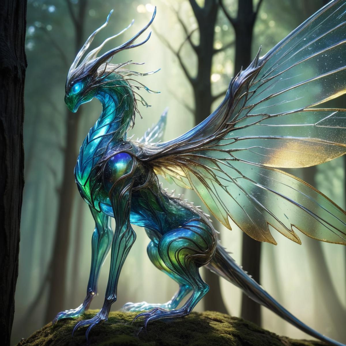 An artistic dragon sculpture with bright blue coloring and intricate design, standing on a mossy rock in a forest setting.