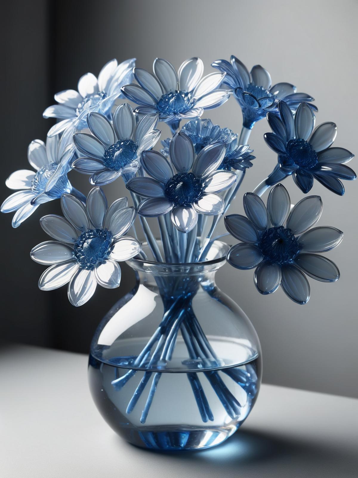 A vase with a bouquet of blue glass flowers.