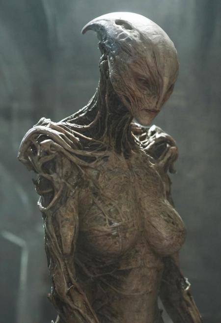 intricate cinematic movie inside spaceship, still of a alien female, cone head, small defined jaw, big cheekbones, with bio-metallic armor extensions, (extremely detailed pale skin with visible respiratory pores : 1.2), excessively wrinkled, powerful claws,
extremely high quality RAW photograph, exquisite details and textures, highly detailed, ultra detailed photograph, dramatic cinematic lighting, 4k,
highest resolution, (bokeh:1.3), (best quality, masterpiece:1.3), ultra high res, 16k unity wallpaper, intricate details, highest detailed, sharp focus, extreme shadow-play, low key, backlit, (filmgrain:1.3)
dramatic full body shot, wide angle view, dynamic pose, dusty atmospheric haze, mesmerizing fog, dark pastel colors, black and orange hue,
in the style of Nicola Samori
 <lora:add-detail-xl:0.8> <lora:epi_noiseoffset2:0.5> <lora:NicolaSamori:0.7>