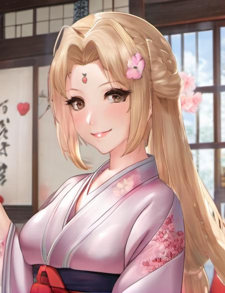 (masterpiece:1.4),best quality, 1girl, (huge breasts:1.3), curvy, hyperdetailed, adult, mature, woman, heart hair ornament, blush, thick lips,full body,
 ,kimono, japanese clothes,bra, <lora:ttsunade1:1>, long blonde hair,