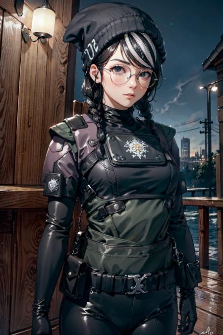 masterpiece, high quality cg, anime, illustration, best quality, 1girl, bound, bondage, beautiful face, detailed face, cowboy shot, dokkaebi, 1girl, solo, looking at viewer,  black hair, braid, glasses, black gloves, belt, pants, black eyes, twin braids, streaked hair, black headwear, bodysuit, black pants, round eyewear, black bodysuit, beanie, hair behind ear, <lora:Dokkaebi:0.9>