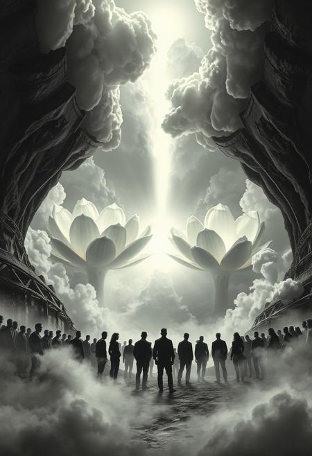 A hyper-stylistic, extremely detailed image depicts a breathtaking scene, crafted from a combination of charcoal and clouds. The charcoal provides a rich, velvety texture, while the clouds add a soft, ethereal quality to the image. A crowd of dark silhouettes stands before a deep sinkhole, their figures starkly contrasted against the bright, glowing light emanating from within. Giant, monolithic flowers rise up from the depths of the sinkhole, their petals a brilliant, shimmering white. The light bursts forth from the center of the flowers, piercing through the clouds above, which break apart to reveal a brilliant, sunlit sky. Every detail of the image is meticulously crafted, from the delicate, swirling patterns of the clouds to the intricate, textured patterns of the charcoal. The overall effect is one of breathtaking, surreal wonder, as if the viewer has stumbled upon a hidden world of beauty and magic. highest-Quality, intricate details, visually stunning, Masterpiece