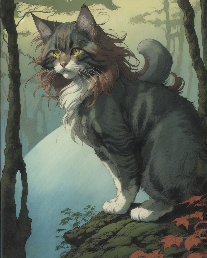 02262-StokeMcToke_Released_Toonime-v1-0_Toonime-v1-0-art_by_Barry_Windsor_Smith_art_by_Hiroshi_Yoshida_1.1__illustration_of_a_Capricious_Norwegian_Forest_Cat_Foggy_Cel_shading.png