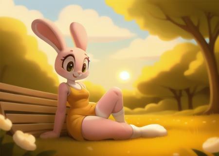 <lora:fluffyrock-quality-tags-v4:1.0> (best quality, good quality:1.4), detailed eyes, depth of field, (by eupharrow:1.3), full-length portrait, detailed background, female, <lora:Anais_watterson:1.0> anthro, rabbit, female, pink fur, orange dress, white socks, open smile, park, sitting on bench, relaxing, forest background, looking at flower, flower field, day, sun, cloud, sunlight, front view, three-quarter view,