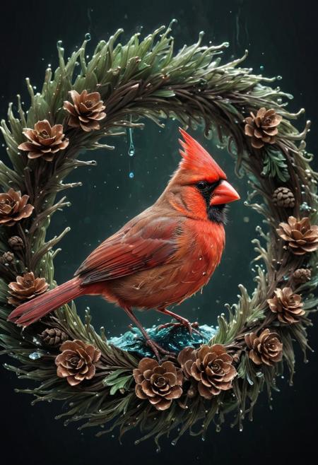 close-up A cardinal bird, 
incredibly fluid, 
detailed, 
3D fractals, 
light particles, 
drops of water, 
shimmering light, 
dreamer, 
surrealist, 
alcohol ink, 
smooth, 
shimmering, 
dreamy glow, a lot of pine cone wreath background
conceptual art by Alberto Seveso, 
Anna Dittmann, 
Arthur Rackham, 
16k