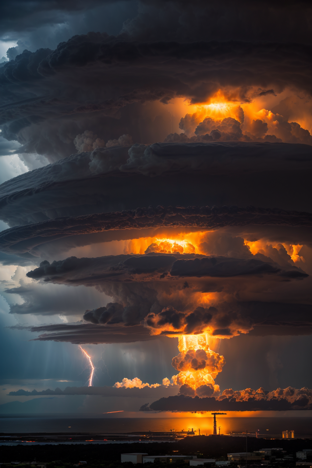 Raw photo of huge Atomic explosion, crepuscular rays, cumulus nimbus clouds, volcanic lightning, 8k uhd, dslr, high quality, film grain, Fujifilm XT3,fireball,
(nuclear weapon:1.2),Mushroom cloud,Distant city,(Shock Wave smoke:1.2),Radiation,Surface reflection,ocean,