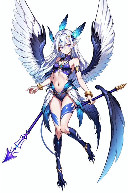 anptzisksk,  1girl,  solo,  long hair,  looking at viewer,  simple background,  hair ornament,  white background,  navel,  holding,  jewelry,  blue hair,  purple eyes,  tail,  full body,  weapon,  white hair,  earrings,  small breasts,  wings,  holding weapon,  bracelet,  feathers,  monster girl,  polearm,  head wings,  feathered wings,  white wings,  holding polearm,  taur,  harpy,  winged arms,  talons,  bird legs, <lora:EMS-57438-EMS:0.600000>